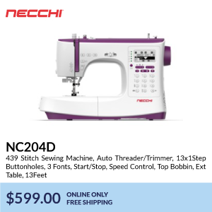 nc204d. 439 Stitch Sewing Machine, Auto Threader/Trimmer, 13x1Step Buttonholes, 3 Fonts, Start/Stop, Speed Control, Top Bobbin, Ext Table, 13Feet. $599.00. online only free shipping
