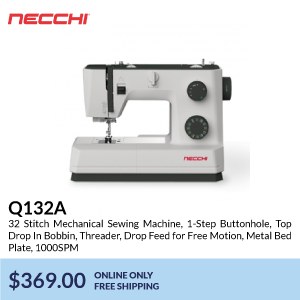 q132a. 32 Stitch Mechanical Sewing Machine, 1-Step Buttonhole, Top Drop In Bobbin, Threader, Drop Feed for Free Motion, Metal Bed Plate, 1000SPM. $369.00. online only free shipping