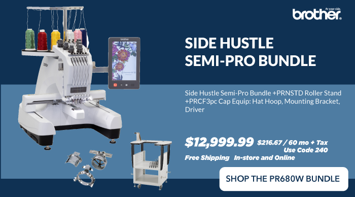 PR680w 6 needle bundle with cap equipment and roller stand pictured. SIDE HUSTLE SEMI-PRO BUNDLE. Side Hustle Semi-Pro Bundle +PRNSTD Roller Stand +PRCF3pc Cap Equip: Hat Hoop, Mounting Bracket, Driver +60Mo0% or Trade In. $12,999.99 $216.67 / 60 mo + Tax  Use code 240. Free Shipping   In-store and Online