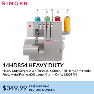 singer 14HD854 Heavy Duty. Heavy Duty Serger 2-3-4 Threads, 6 Stitch, Roll Hem, Differential Feed, Metal Frame, 60% Larger Cuttin Knife, 1300SPM. $349.99. free shipping in store & online